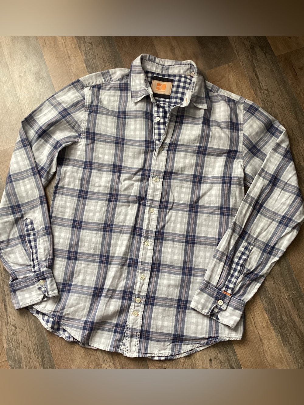 BOSS ORANGE Men's Gray & Blue Plaid Button-Down Shirt